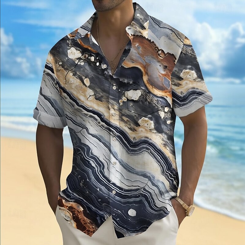 Men's Geometric Marble Abstract Art Shirt Summer Shirt Button Up Shirt Short Sleeve Fashion Casual Outdoor Vacation Dailywear Summer Spring Turndown 3D Print Collared Shirts Front One Pocket Gray