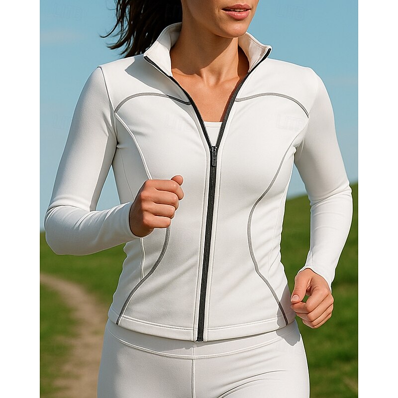 Women's Running Jacket Outdoor Jacket Full Zip Slim Long Sleeve Outerwear Athletic Solid Colored Quick Dry Lightweight Elastic Breathable Tennis Golf Running Sportswear Activewear Black White Red