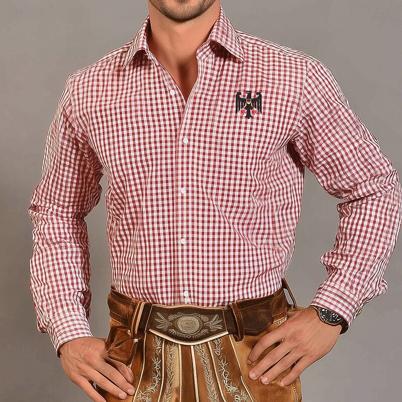 Men's Plaid Checkered Traditional Oktoberfest Shirt Button Up Shirt Trachten Shirts Long Sleeve Casual Dailywear Holiday Summer Spring Turndown 3D Print Linen Like Shirt Pink Green