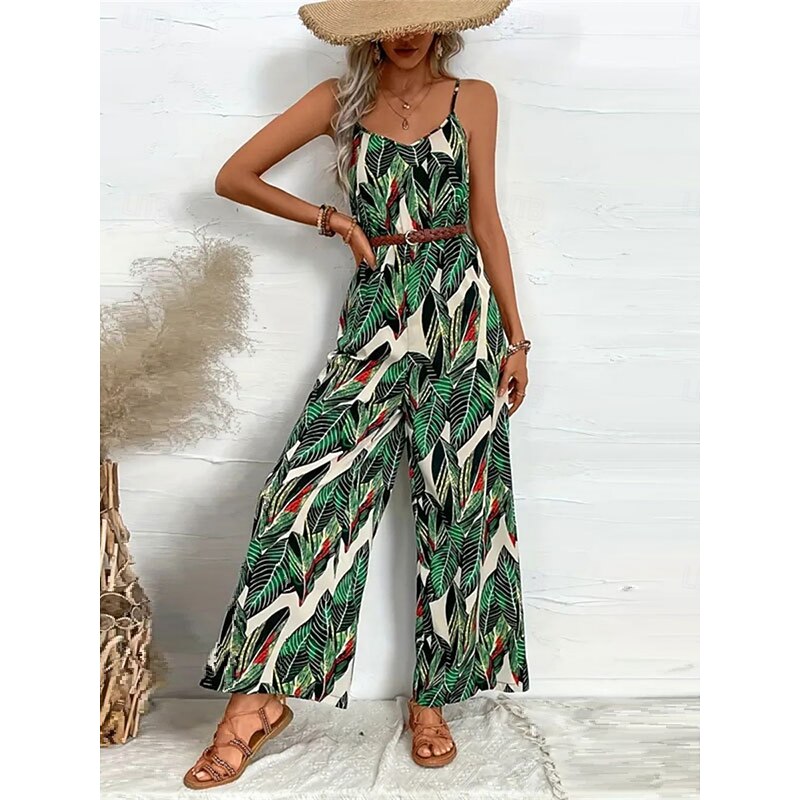 Women's Normal Jumpsuit Active Floral Sleeveless V Neck Backless High Waist Vacation Daily Regular Fit Green Summer4