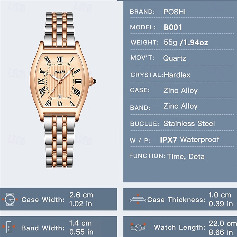Fashion Women's Watch Wine Barrel Dial Roman Numeral Quartz Watch PX7 Waterproof Strap Calendar Stainless Steel Strap Women's Business Watch The Best Choice for Gifts4