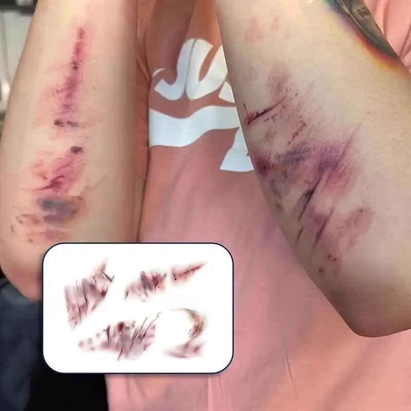 3PC Halloween Temporary Tattoos - Realistic Blood Wound Fake Tattoos with Stitches and Scratches Waterproof Realistic Appearance Easy to Apply/Remove for Men and Women Horror Makeup2