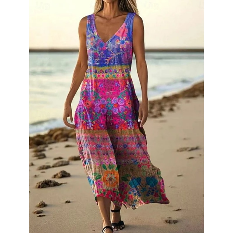 Women's Long Dress Maxi Dress Casual Dress Tank Dress Summer Dress Fashion Daily Holiday Beach Regular Fit Floral Sleeveless V Neck Light Green Pink Red Blue Summer2