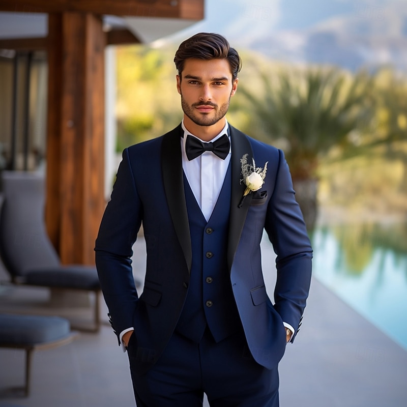 Men's Wedding Party Suits Navy Blue Business Formal Solid Colored Standard Fit 3 Piece Single Breasted One-button2