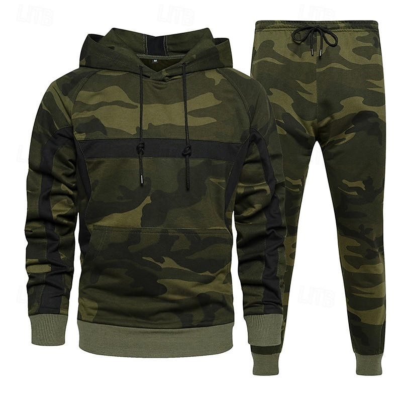 Men's Tracksuit Sweatpants Track Pants Pocket Camouflage Hoodie Clothing Suit Fall Army Green Khaki Gym Workout Sports Windproof Long Sleeve Sport Activewear Micro-elastic Regular Fit