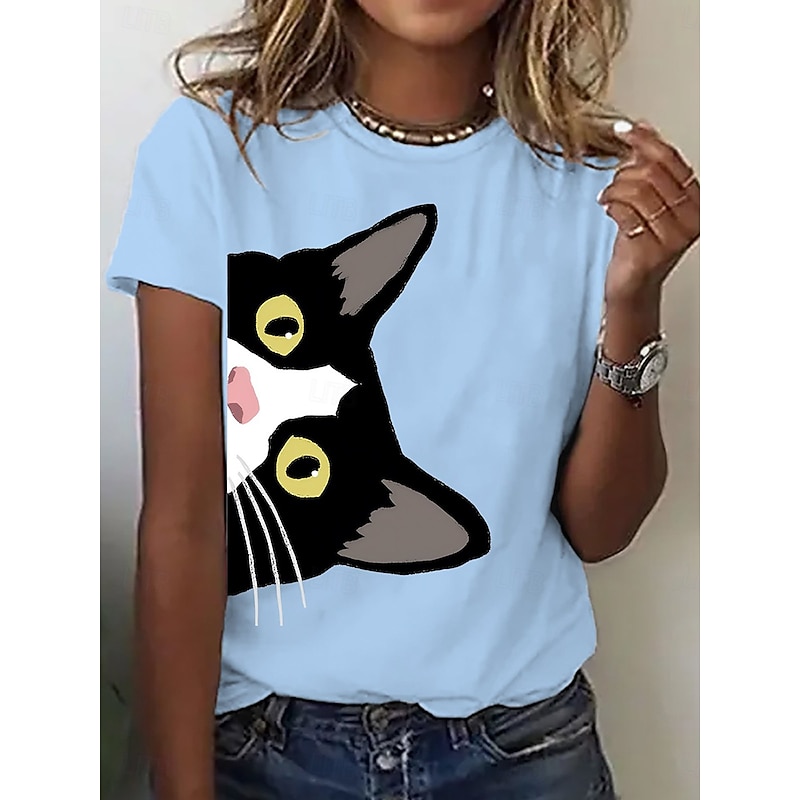 Women's T Shirt Graphic Animal Cat Vintage Stylish Trendy Short Sleeve Crew Neck Regular Tops Daily Weekend Print Black Pink Blue Purple Summer