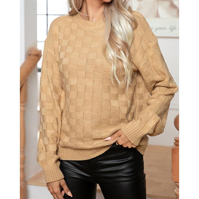 Women's Pullover Casual Plaid Chunky Crew Neck Knitted Long Sleeve Regular Tops Knit Daily Holiday Going out Blue Brown Fall Winter2