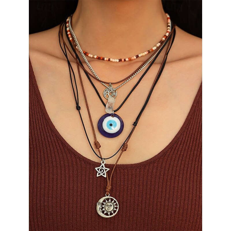 Women's Boho Layered Charm Necklace Set – Multilayer Evil Eye, Sun & Star Pendants with Beaded Choker, for Spiritual Fashion, Festivals and Everyday Wear2