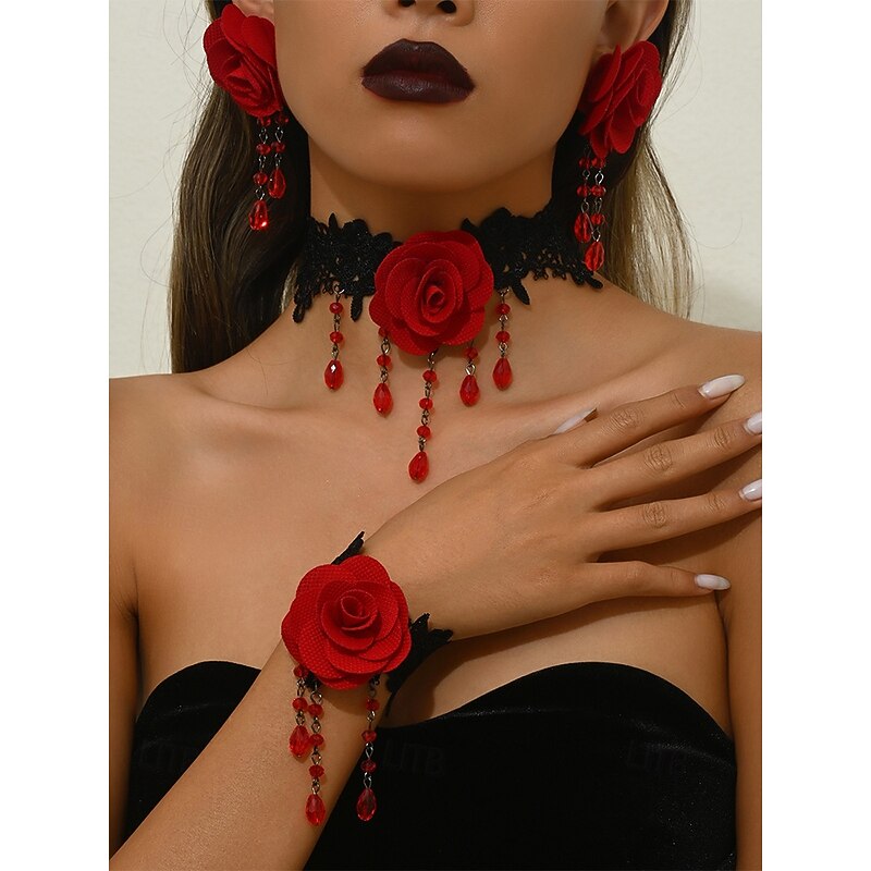 Women's Gothic Red Rose Jewelry Set with Lace Choker, Earrings and Bracelet, Vintage Victorian Costume Accessories for Halloween Party and Gothic Fashion2