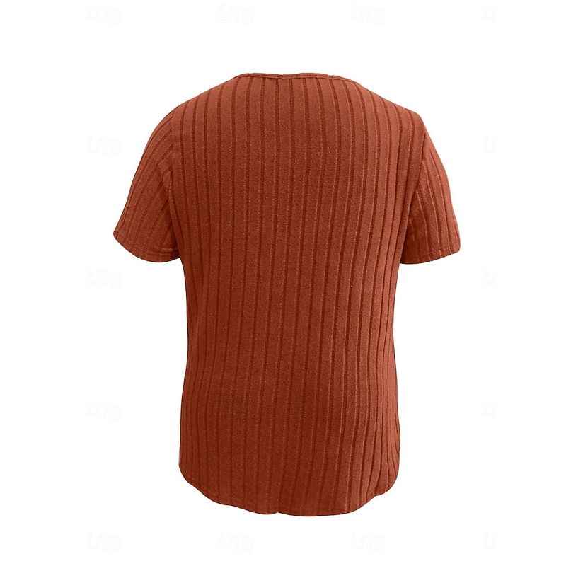 Women's Plus Size Tops T Shirt Solid Color Patchwork Short Sleeve V Neck Fashion Streetwear Casual Daily Weekend Knit Summer Royal Blue Brown4