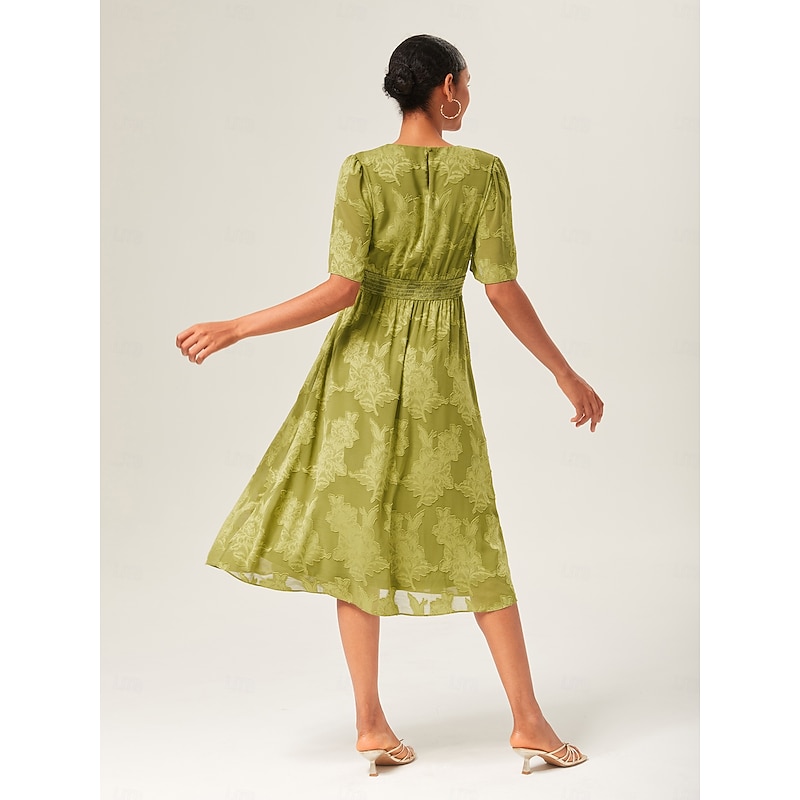 Women's Elegant Dress Green Short Sleeve Jacquard Jacquard Spring & Summer V Neck Elegant Dress Vacation Date S M L4