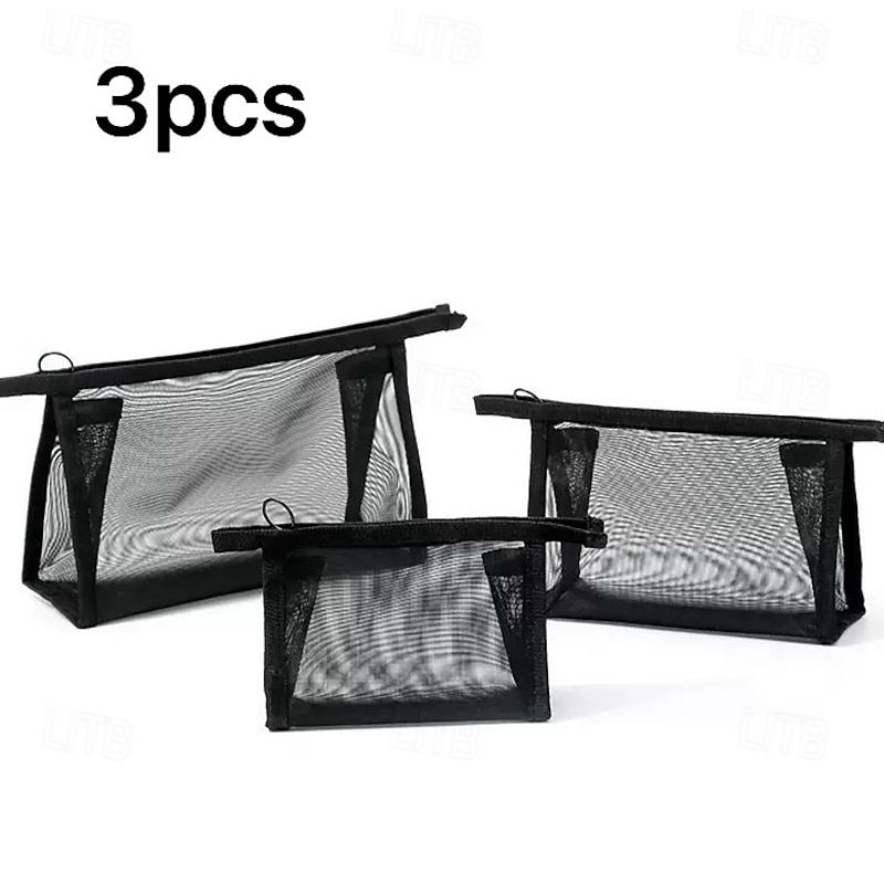 3pcs Nylon Mesh Makeup Bags, Large Medium Small Portable Black Transparent Makeup Pouches for Lipstick and Cosmetic Storage3
