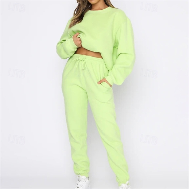 Women's Tracksuit Sweatpants Pullover Sweatshirt Pocket Solid Colored Clothing Suit Fall fluorescent green Black Gym Workout Sports Windproof Long Sleeve Sport Activewear Micro-elastic Regular Fit4