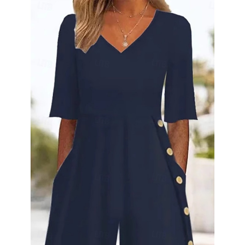 Women's Normal Jumpsuit Active Solid Color Half Sleeve Wide Leg V Neck Buttons Pocket Vacation Daily Regular Fit Navy Blue Summer2