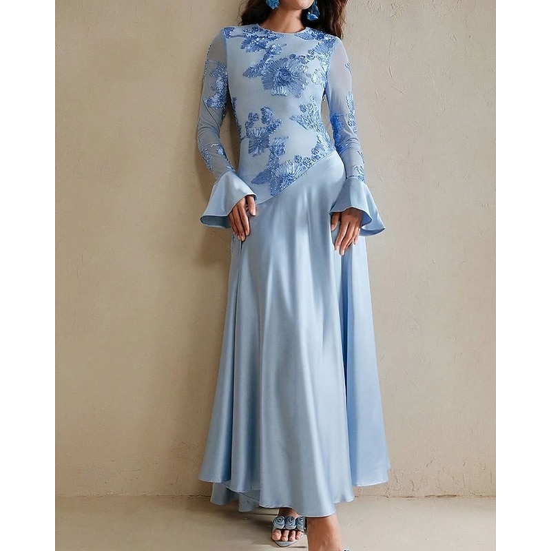 Ribbon Lace Mother of the Bride A-Line Evening Gown Elegant Dress Formal Wedding Floor Length Long Sleeve Crew Neck Stretch Material3