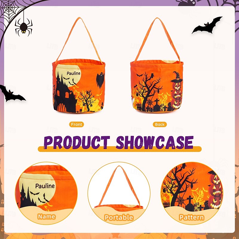 Personalized Name Halloween LED Treat Bag for Kids Custom Candy Tote Bag Basket for Trick or Treat, Glowing Pumpkin Ghost Theme, Light-Up Gift Bag with Name Embroidery, Perfect for Halloween Night and Party3