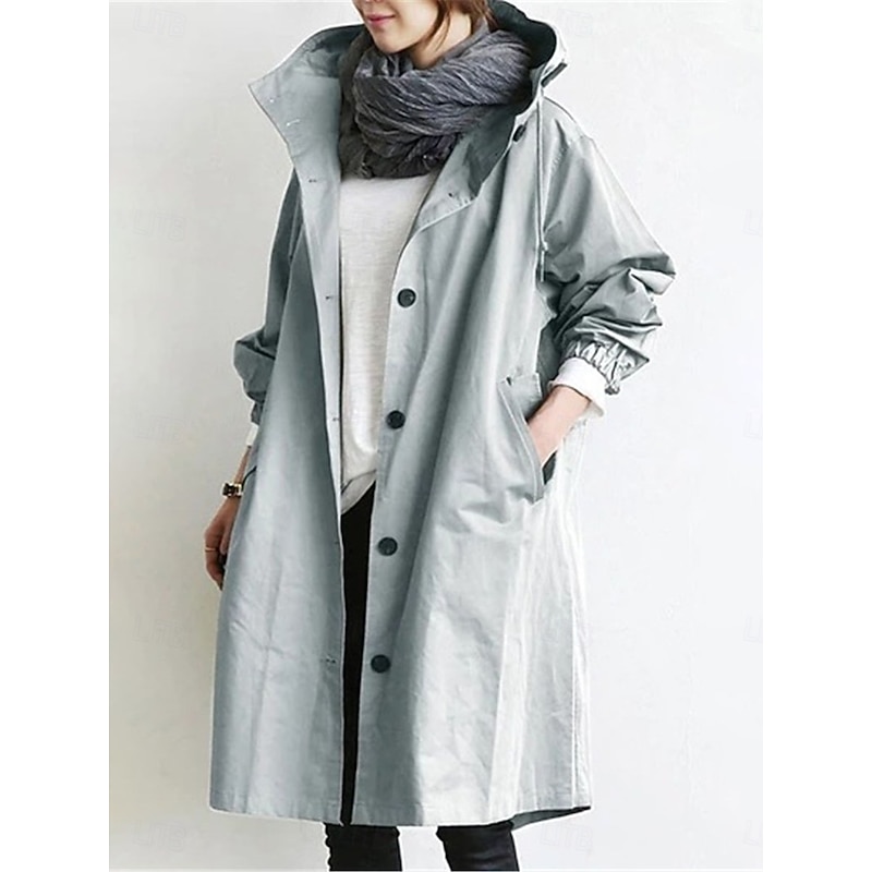 Women's Trench Coat Comfortable Breathable Buttons Casual Solid Color Vacation Street Casual Daily Wear Single Breasted Long Hooded Regular Fit Long Sleeve Outerwear Light Blue Red Khaki Spring Fall4