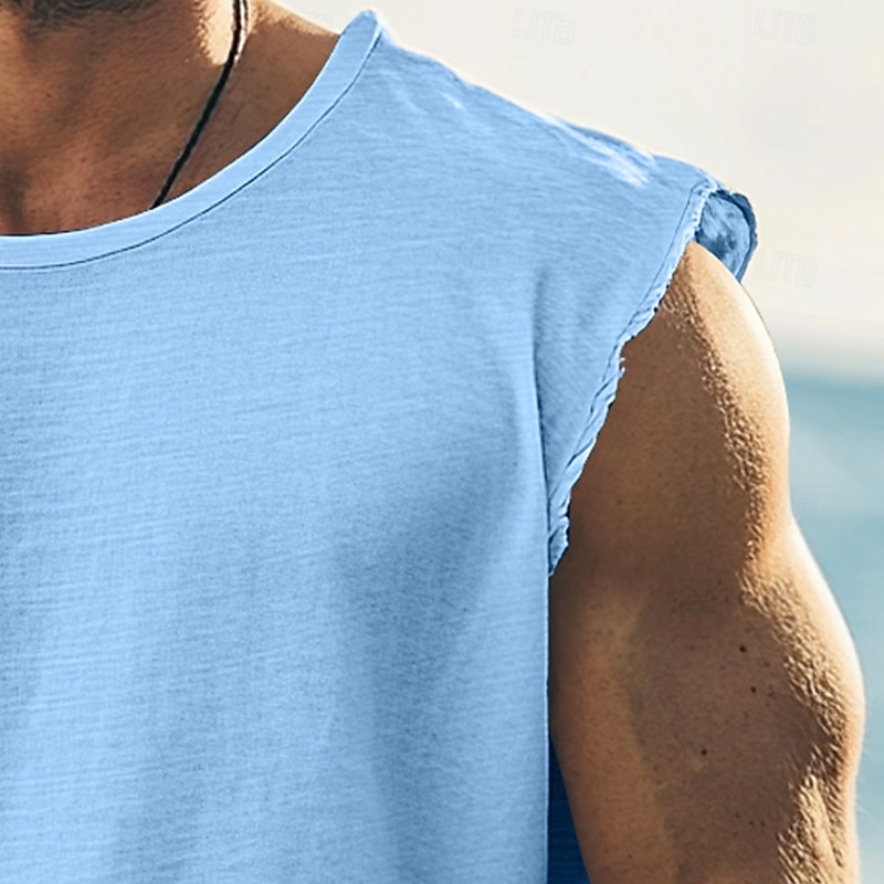 100% Cotton Men's Sleeveless T Shirt Round Neck Summer Plain Textured Fashion Classic Casual Plain Street Casual Sports White Blue Navy Blue Top Tee for Men3