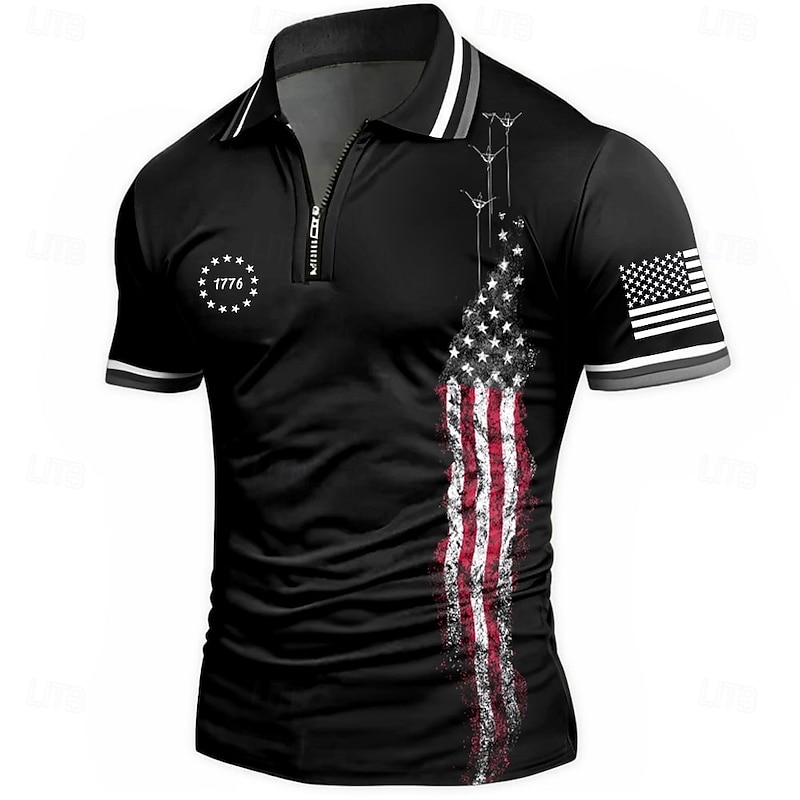 American Independence Day Men's American US Flag Zip Polo Shirts Short Sleeve Polo Shirts Collared Shirts Casual Athleisure Daily Wear 3D Print Summer Black Red
