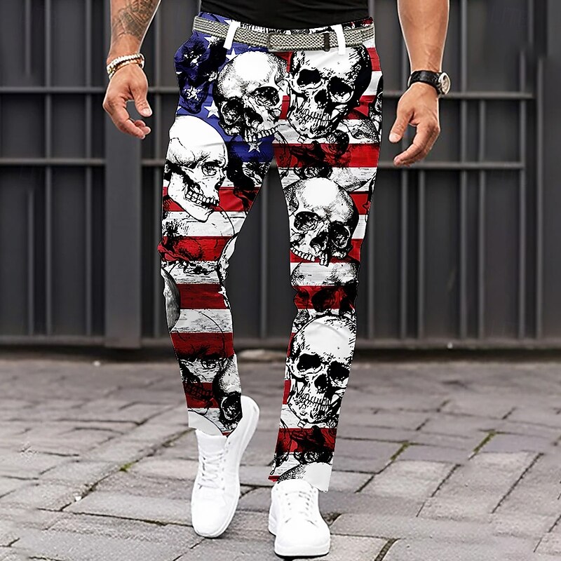 Men's Skull US Flag Patriotic Dress Pants Trousers Casual Pants Mid Waist Classic Casual Holiday Slim Fit Pants with Pockets Spring Fall 3D Print White