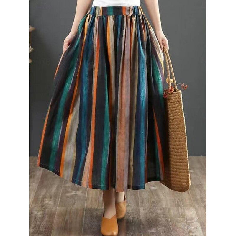 Women's Skirt A Line Fashion Casual Maxi High Waist Skirts Striped Pocket Print Micro-elastic Street Daily Red Summer Polyester3