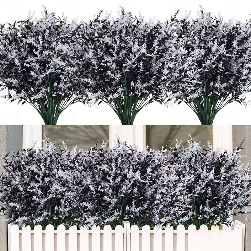 24 Bundles Black Artificial Flowers for Halloween Outdoor Decoration, UV Resistant Faux Green Plants for Hanging, Garden, Porch, Window, and Home Party Decor