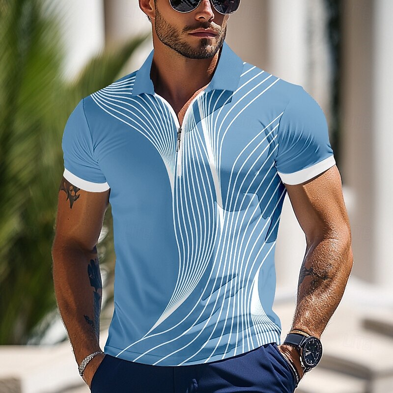 Men's Geometic Line Zip Polo Shirts Short Sleeve Polo Shirts Collared Shirts Business Casual Outdoor Athleisure 3D Print Summer Black Blue Green