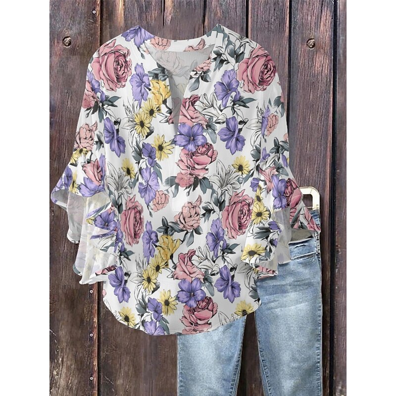 Women's Blouse Floral Stylish Modern 3/4 Length Sleeve V Neck Regular Tops Daily Holiday Ruffle Print White Blue Purple Green Summer3
