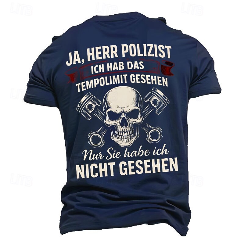 Men's Funny Driving T-Shirt: 'Yes Officer I Saw The Speed Limit; Only You I Didn't See' Humorous Skull & Pistons Graphic Short Sleeve2