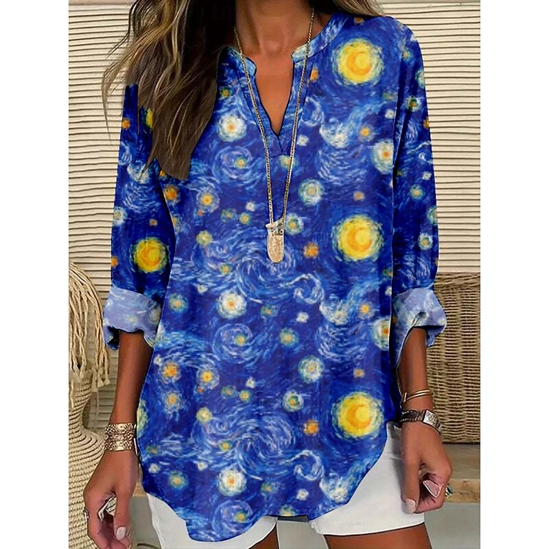 Women's Blouse Floral Stylish Modern Long Sleeve V Neck Regular Tops Daily Holiday Print Navy Blue Blue Purple Dark Gray Gray Summer3
