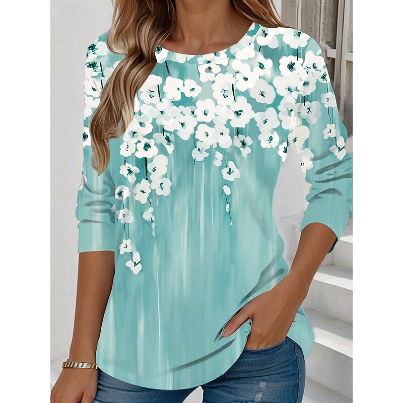 Women's T shirt Crew Neck Long Sleeve Tunic Floral Graphic Plants Vintage Stylish Classic  Round Neck Regular Tops Daily Weekend Print Black White Pink Blue Green Summer3