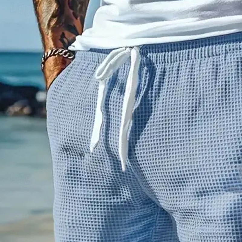Men's Waffle Shorts Sweat Shorts Shorts Bermuda shorts Beach Shorts Elastic Waist Drawstring Plain Comfort Sports Knee Length Daily Holiday Beach Vacation Classic Style Blue Micro-elastic2