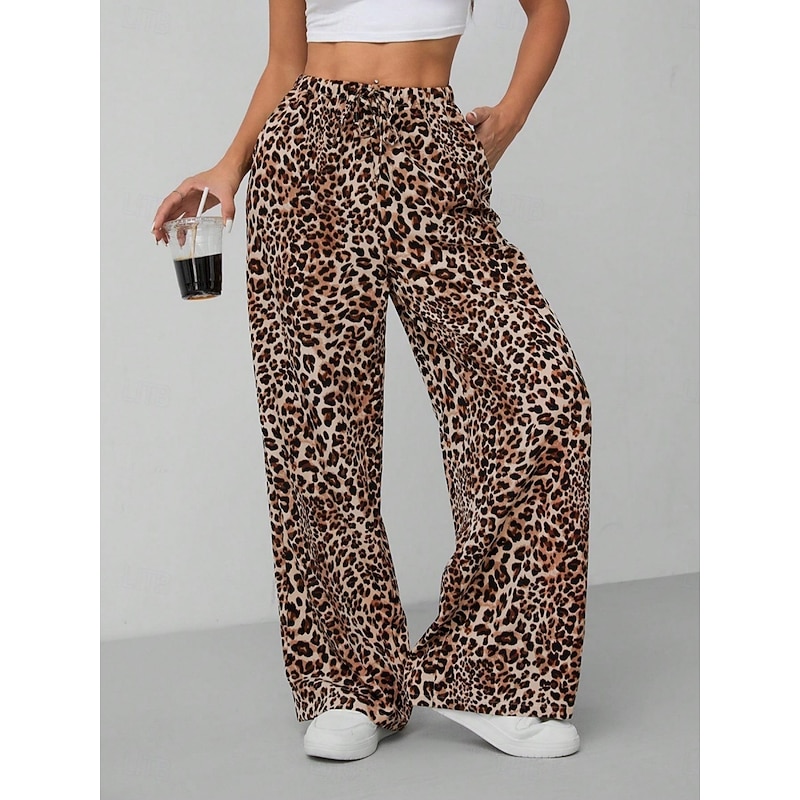 Women's Wide Leg Chinos Vacation Vintage Streetwear Full Length High Waist Leopard Pocket Elastic Waistband Printing Comfy Soft Comfortable Micro-elastic Outdoor Street Apricot Coffee Gray Summer2