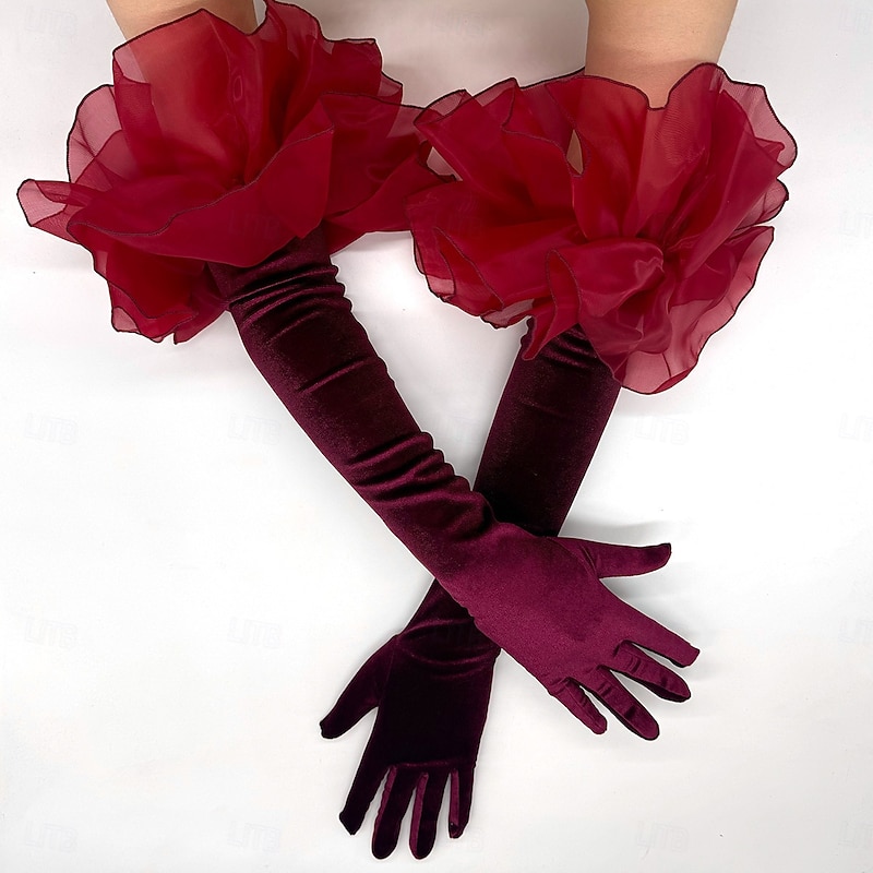 Velvet Elbow Length Glove Elegant With Ruffles Wedding / Party Glove4