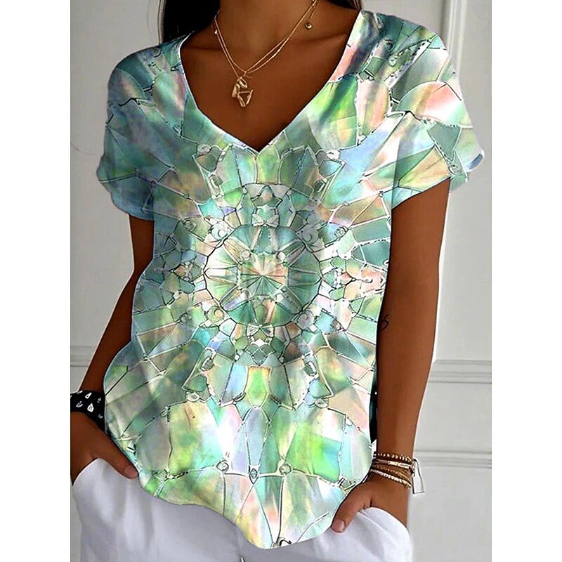 Women's T Shirt Graphic 3D Fashion Stylish Casual Short Sleeve V Neck Regular Tops Daily Going out Weekend Print Light Green Pink Blue Purple Summer Spring4