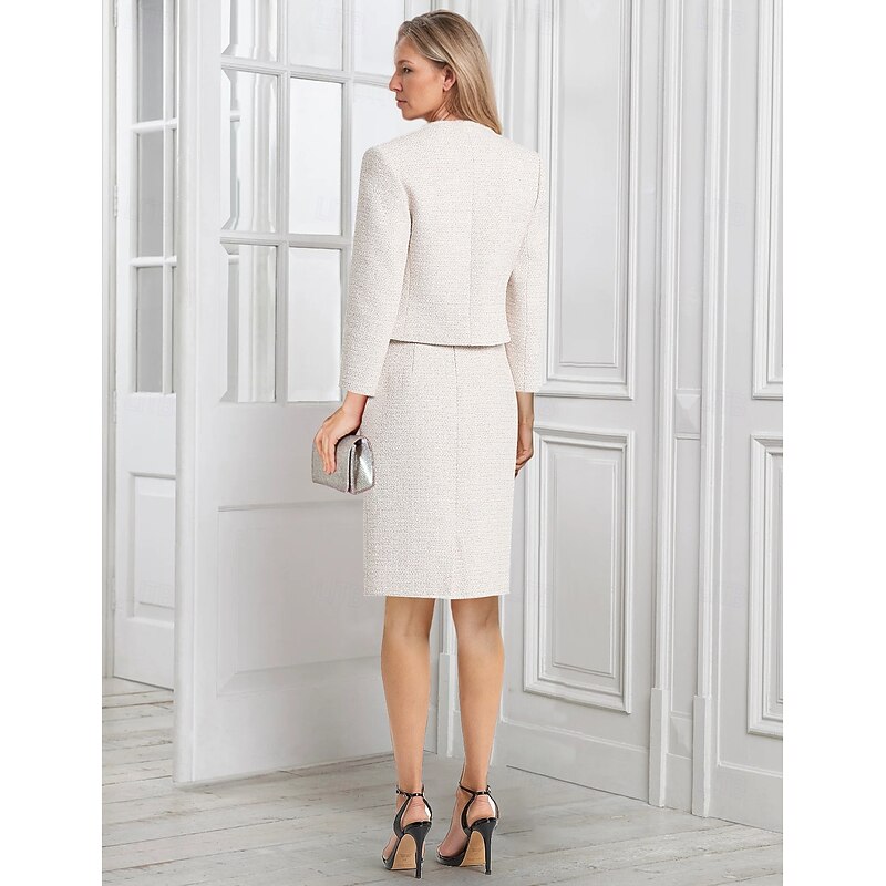 2 Pieces Tuxedo Dress Sets Sheath / Column Formal Tweed Metal Buttons Elegant Simple 3/4 Sleeve Pleated Tea Length Peak Lapel Single Breasted3