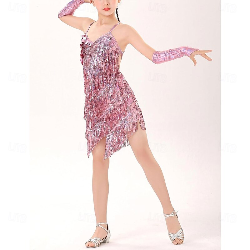 Latin Dance Dress Glitter Tassel Paillette Girls' Performance Party Sleeveless Natural Sequined4