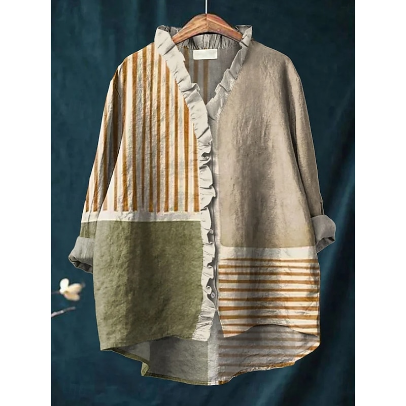 Women's Shirt Button Down Blouse Graphic Striped Stylish Casual Long Sleeve V Neck Regular Tops Daily Buttons Print Red Blue Orange Khaki Summer Spring