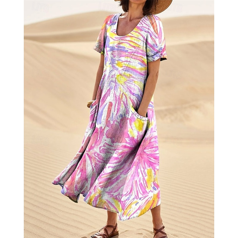 Women's Long Dress Maxi Dress Casual Dress Swing Dress Summer Dress Elegant Fashion Romantic Outdoor Party Holiday Regular Fit Flower Short Sleeve Crew Neck Pink Blue Light Purple Summer