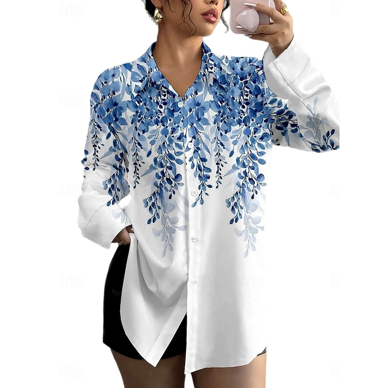Women's Shirt Button Down Tunic Shirt Collar Long Sleeve Ombre Floral Graphic Vintage Tropical Daily Regular Tops Work Daily Holiday s Print Red Blue Green Khaki Spring Fall4