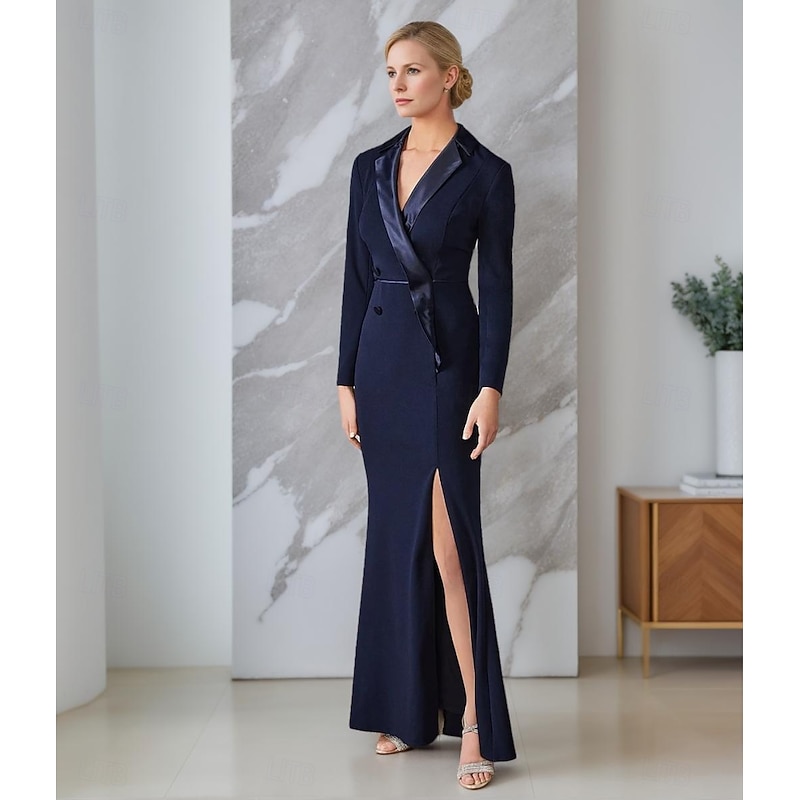 Tuxedo Dress Sheath / Column Formal Wedding Guest Satin Crepe Elegant Simple Long Sleeve Ankle Length Split Thigh Notched Lapels Double Breasted