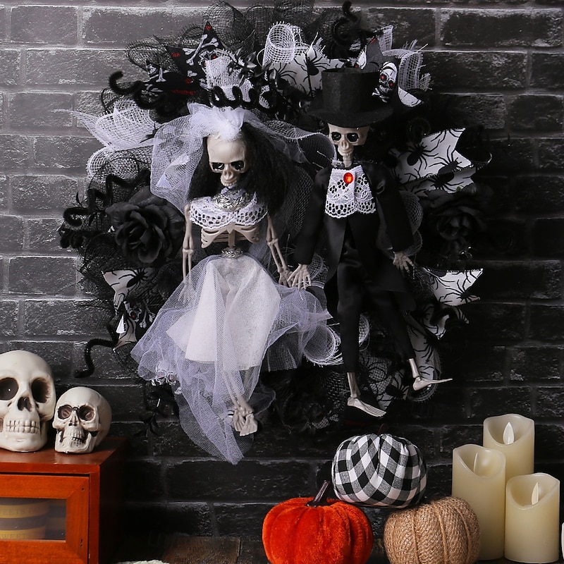 Halloween Wreaths for Front Door Indoor Outdoor Decoration, Skeleton Bride and Groom Mesh Floral Wreath with Ghost Vine for Haunted House Spooky Decor