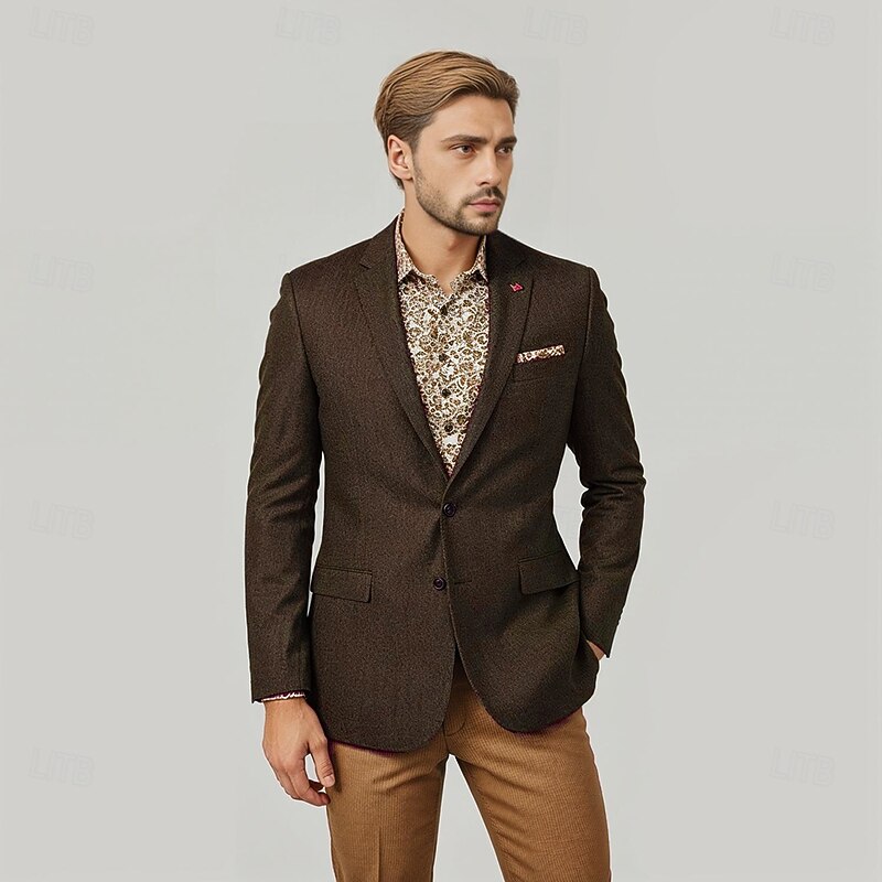 Men's Wool Tweed Blazer Vintage Office Solid Colored Blazer Brown Dark Grey Standard Fit Single Breasted Two-buttons2