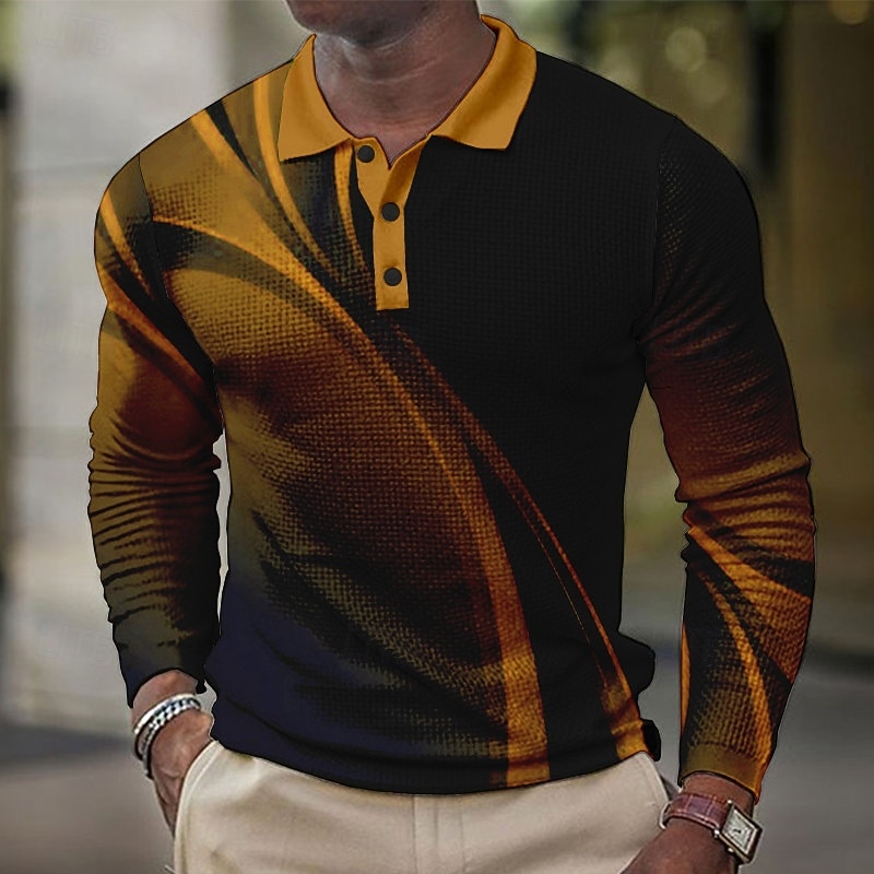 Men's Geometric Waffle Polo Shirts Golf Shirt Long Sleeve Polo Shirts Collared Shirts Business Casual Vacation Wear Formal Wear Festival Wear Buttons 3D Print Yellow Light Green Blue3