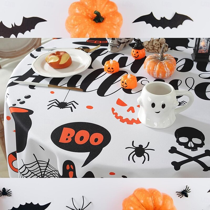 Halloween Tablecloths, 150 cm Diameter Pumpkin Bat Hallowmas Tablecloth, Rectangle Decorative Tablecloth, All Saints' Day Kitchen Tablecloth for Party, Festival, Celebration, Home Table4