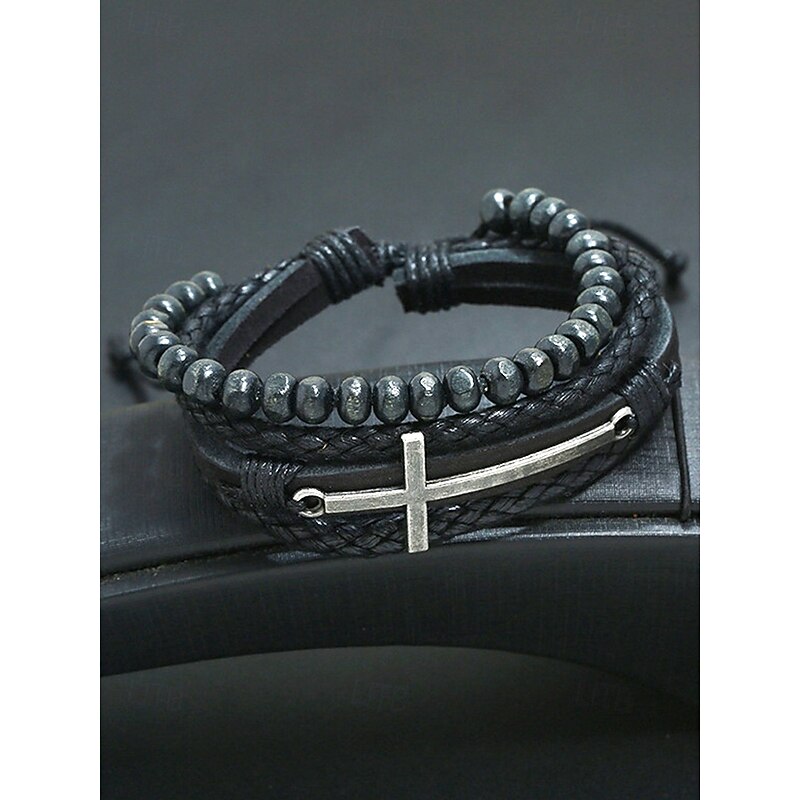 Men's Gothic Cross Leather Beaded Bracelet – Vintage Multilayer Wristband for Halloween Parties and Retro Punk Style4