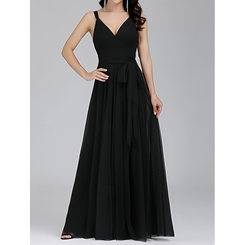 A-Line Wedding Guest Dresses Elegant Dress Wedding Guest Engagement Floor Length Sleeveless V Neck Chiffon with Pleats Butterfly