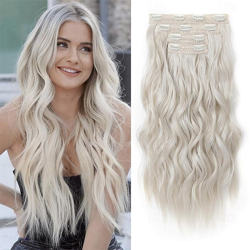 Clip in Hair Extensions 4PCS Blonde Hair Extensions 24 Thick Long Beach Waves hair extensions HE003 Invisible Lace Weft Natural Soft Hairpieces for Women  Platinum Blonde