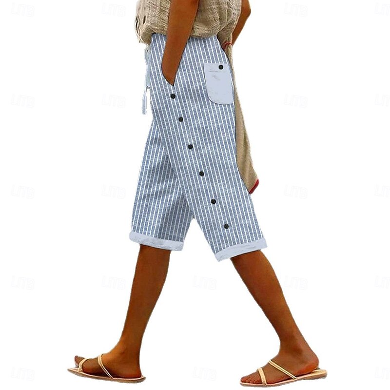 Women's Harem Pants Vacation Vintage Ethnic Style Knee Length Mid Waist Striped Stripe Inelastic Outdoor Home Work Blue Summer Spring Fall Loose Fit2