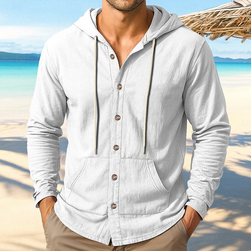 Men's Shirt Linen Shirt Summer Shirt Beach Wear Hooded Shirt Untucked Shirts Solid Color Vacation Street Black White Navy Blue Green Long Sleeve Hoodie Summer Spring Clothing Apparel Hooded2
